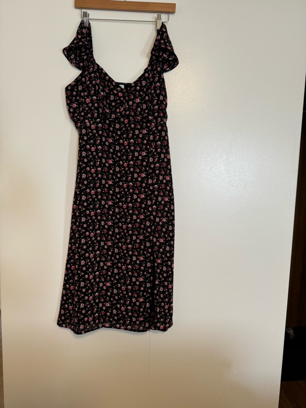 Black Floral Midi Dress with Pink Accent